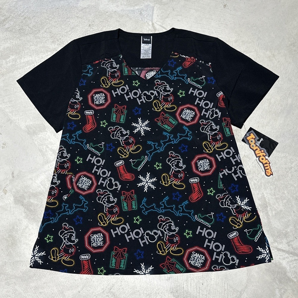 Mickey Mouse Cherokee Scrubs Tooniforms Disney Christmas V Neck Top TF639 SZ L